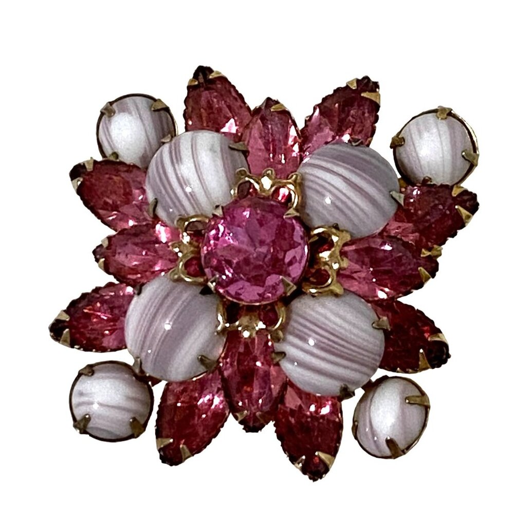 Vtg‎ 60s Czech Pink Rhinestone Milk Glass Brooch Gold Tone Setting Classic Fairy